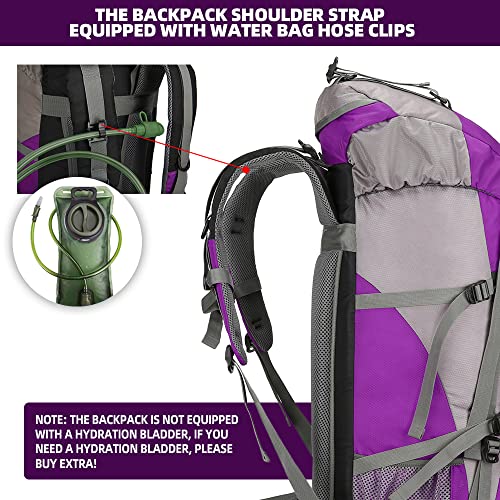 King'sGuard 70L Hiking Backpack with Rain Cover Lightweight Waterproof Travel Camping Backpack Large Backpacking Pack - color: Purple