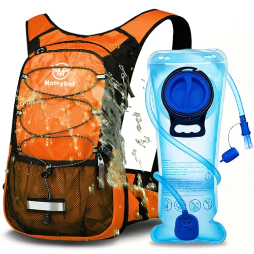 Mothybot Hydration Pack, Insulated Hydration Backpack with 2L BPA Free Water Bladder and Storage, Hiking Backpack for Men, Women, Kids for Running, Cycling, Camping - Keep Liquid Cool up to 5 Hours - color: Vitality Orange