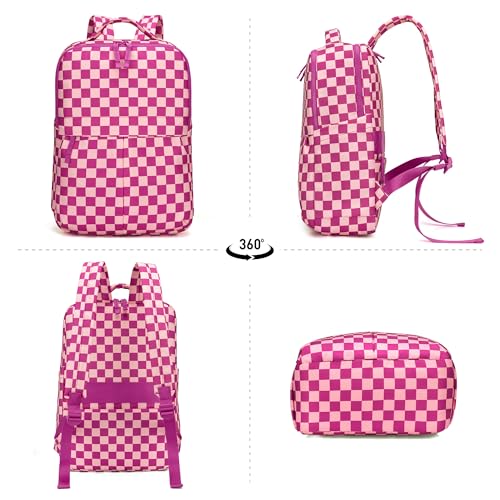 Checkered Backpack for Women Fashion Backpacks with Laptop and Multi Compartment for Travel and Work Rose Red Check - color: Rose Red Check