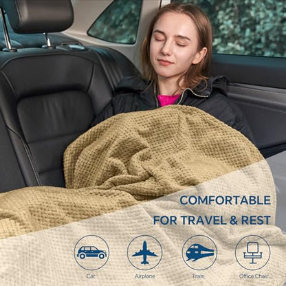 BEDELITE Travel Blanket with Bag, Ultra-Soft Jacquard Fleece Blanket with Luggage Sleeve & Backpack Clip, Airplane Blanket Travel Essentials, Camel - color: Camel