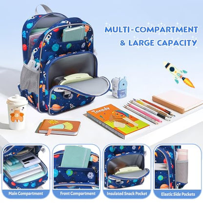 3PCS Boys Backpack Ages 5-8 with Lunch Bag & Pencil Case, Toddler School Backpack for Kids Boys - 15inch Backpack Boy Bookbag for Preschool Kindergarten Elementary School - color: Rocket & Planet