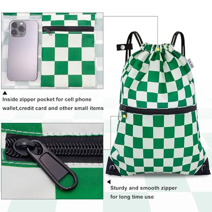 draw string back bag, Large Gym Sports string backpack for men and women with front zipper pocket(Greencheckered) - color: Greencheckered, style: Drawstring With Front Pocket