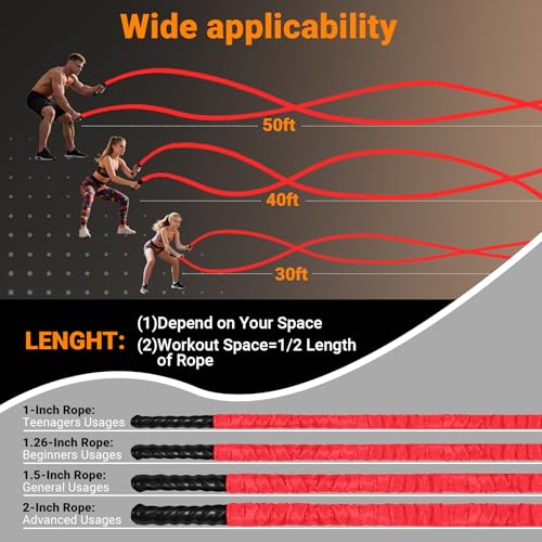 Battle Rope 1/1.26/1.5/2 Inch Diameter,Pink 30FT/40FT/50FT Exercise Workout Ropes for Home Gym Heavy Weighted Training Rope for Working Out - style: 2 inch 30ft-Red