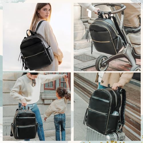 MOMINSIDE Diaper Bag Backpack Leather Diaper Bag with 6 Insulated Pockets, Baby Bag for Mom Dad, Baby Registry, Changing Pad, Stroller Straps,Diaper Backpack Diaper Bag Leather (Black) - color: Black