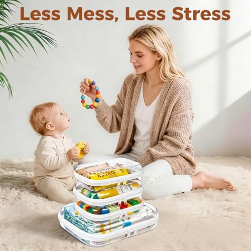 4 Pack Diaper Bag Organizer Pouches, Clear Hard Shell Zipper Cases for Baby Essentials, Toiletry Bag for Travel, Makeup Bag, Toy Storage Bins, Waterproof Storage Box for Pacifier Snacks Wipes Clothes - size: 1M+3S