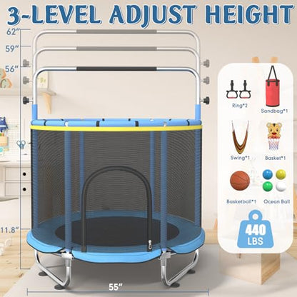 Trampoline for Kids, 55" Indoor & Outdoor Toddler Trampoline, Anti-Rollover Bottom Kids Toys with Adjustable Gymnastics Bars, Toddler Swing, Basketball Hoop - color: Blue