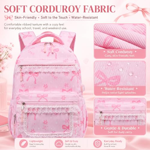 LEDAOU School Backpack for Teen Girls Elementary Middle School Bookbag Kids Backpacks Women Laptop Backpack Travel Daypack (Lace Clear Pocket - Bow Pink) - color: Lace Clear Pocket - Bow Pink