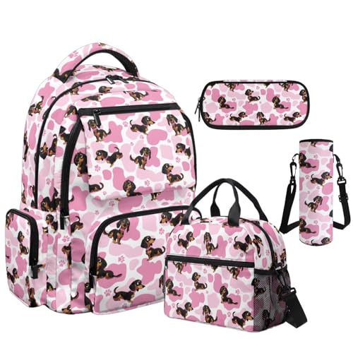 Pink Dachshund Backpack for Girls Kids School Backpacks with Lunch Box Water Bottle Pouch and Pencil Case 4 Pieces Preschool Backpack Girls Bookbag Ages 8-10 Large Capacity School Bags - color: Pink Dachshund