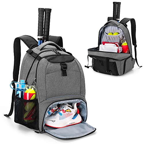 DSLEAF Tennis Backpack for 2 Rackets, Tennis Bag with Separate Ventilated Shoe Space for Tennis/Pickleball/Badminton/Squash Racquet and Accessories - color: Grey