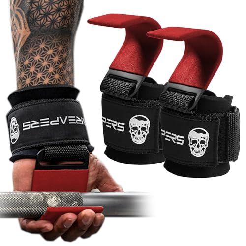 Gymreapers Weight Lifting Hooks (Pair), Heavy Duty Power Wrist Straps Hand Grip Support For Deadlifts, Pull Ups, Shrugs - Gym Gloves For Men and Women - color: Red