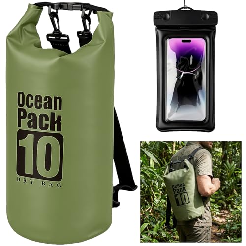 Waterproof Backpack 10L, Roll Top Water Proof Dry Bag Army Green, Floating Dry Bag for Kayaking Camping Boating, Lightweight Hiking Backpack with 7" Black IPX8 Waterproof Phone Case - color: Army green dry bag 10L + Phone pouch 7"
