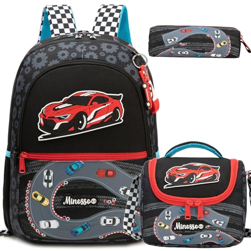 Boys Backpack for School Backpack for Kids Backpacks for Boys with Lunch Bag Set Bookbag for Kids 8-12 Back to School Supplies for Elementary Middle Toddler Student - color: Black Runway Car