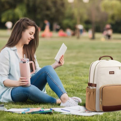 LOVEVOOK Laptop Backpack for Women with Pouch Pocket for Large Capacity Cup,15.6 Inch Laptop Computer Bag Travel Backpack Purse,Waterproof Work Business Backpack College Teacher Bag,Beige-Brown-Bbrown - color: Beige - Yellowish-brown - Chestnut Brown, siz