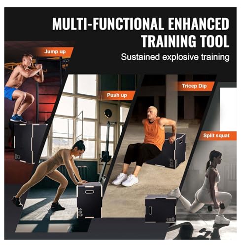 Plyometric Jump Box 3-in-1, 24/20/16 Inch Wood Plyo Box, Fitness Step Platform, Agility Training Box - Home Gym, Strength & Conditioning, Black