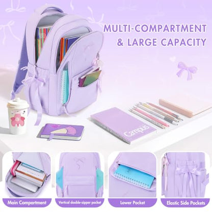 Kids Backpack for Girls - 3PCS Cute Embroidered Bow Girls Backpack with Insulated Lunch Bag & Pencil Case - Bookbag for Teen Women Middle High School College Work Travel Daypack - color: Purple