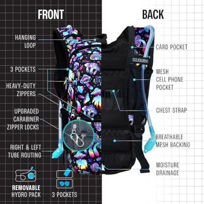 Sojourner Hydration Pack, Hydration Backpack - Water Backpack with 2l Hydration Bladder, Festival Essential - Rave Hydration Pack Hydropack Hydro for Hiking, Running, Biking, Festival Gear - color: Mushroom Magic