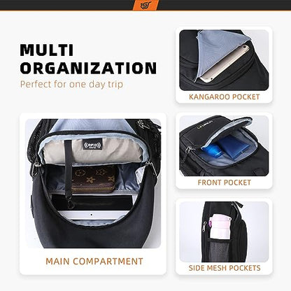 SKYSPER Sling Bag RFID Crossbody Sling Backpack Cross Body Shoulder Bag Travel Hiking Daypack for Women Men(Black) - color: Black