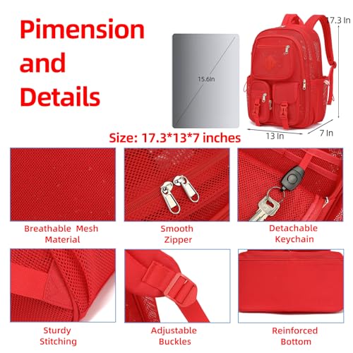Mesh Backpack for Girls Boys, Women Mesh Bookbags Heavy Duty Semi-Transparent School Bag Net Back Pack for Travel, Beach, Swimming, Work - Red - color: Red