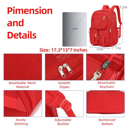 Mesh Backpack for Girls Boys, Women Mesh Bookbags Heavy Duty Semi-Transparent School Bag Net Back Pack for Travel, Beach, Swimming, Work - Red - color: Red