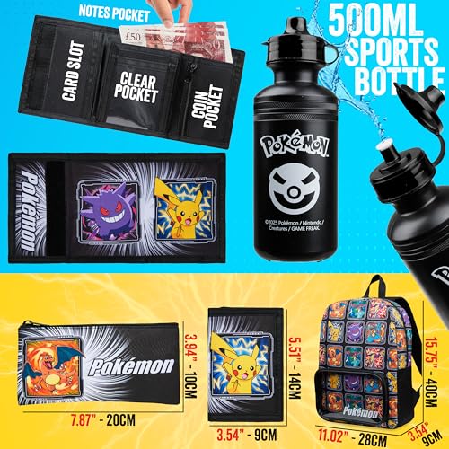 Pokemon Backpack Set 4 Pcs for Kids with Backpack Water Bottle Pencil Case Lunch Bag or Wallet Anime School Supplies Gifts (Multi 4 Pcs Set) - color: Multicolour