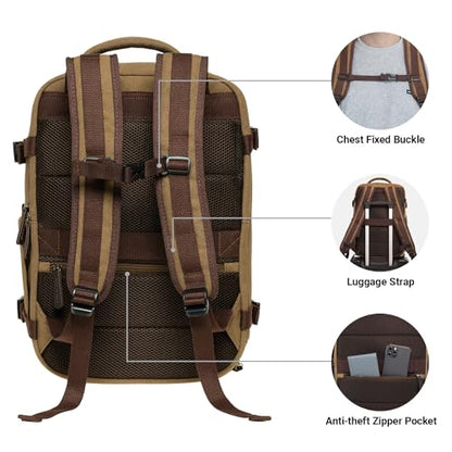 KAUKKO Canvas Travel Rucksack, Large Capacity Carry On Bag with Shoe Pouch and 15.6 inch Laptop Compartment, Flight Approved Outdoor 40L Luggage Weekender Bag, 12-KHAKI - color: 12-khaki