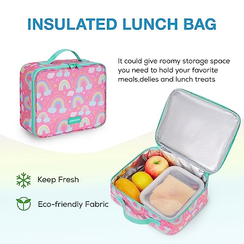 mommore Kids Backpack for Boys Girls 4-8 Kindergarten Elementary School Backpack with Lunch Box - 15” H Fit Folder - color: Rainbow, style: 3 Pcs