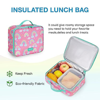 mommore Kids Backpack for Boys Girls 4-8 Kindergarten Elementary School Backpack with Lunch Box - 15” H Fit Folder - color: Rainbow, style: 3 Pcs