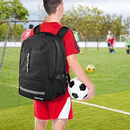 BROTOU Soccer Backpack Sports Bag with Ball Holder and Shoe Compartment for Football Basketball Volleyball Rugby - color: Black