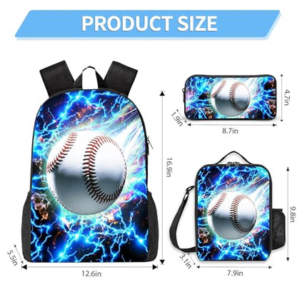 3PCS Boys Backpack, Kids Back To School Backpack with Lunch Box Pencil Case Set, Cool Baseball Backpack for Boys Teens, 17" Schoolbag Bookbag for Elementary Middle High School Students - color: Light Baseball