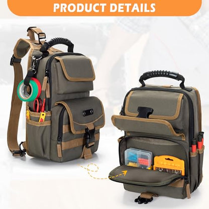 Electrician Tool Pouch Bag, Zippered HVAC Tool Organizer with Ergonomic Handle and Shoulder Strap for Maintenance Repair Technicians, Green (Patent Pending) - color: Green