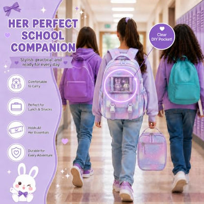 BTOOP Multi-Compartment Kids Backpack for Girls, 3PCS Cute Purple Bow School Backpack with Lunch Bag Pencil Case, Side Pocket Fits 40 oz Tumbler, Girls Bookbag for Elementary Middle School - color: Purple