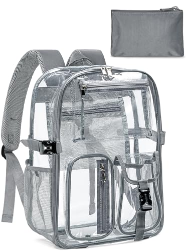 Clear Backpack Heavy Duty for Women Men Boys Girls, Large Clear Bookbag See Through Backpack for School College - color: 13-6#grey+pouch-no Reflective Strips