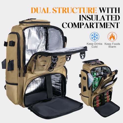 Goture 40L Fishing Tackle Backpack with Cooler Compartment Khaki, Water-Resistant Fishing Gear Bag & Rain Cover & 3600 Trays - color: Khaki, size: C - Includes 2 3600 trays with handles