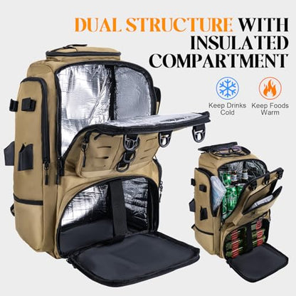 Goture 40L Large Khaki Fishing Backpack, 900D Tear-Resistant Tackle Bag with Cooler & Rain Cover & 3600 Trays, Freshwater Saltwater - color: Khaki, size: B - Includes 2 regular 3600 trays