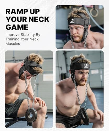 DMoose Fitness Neck Harness for Weight Lifting - Soft Padded Head & Chin Strap with 30" Heavy Duty Steel Chain - Neck Exerciser, Trainer & Strengthener to Support Injury Recovery and Intense Workouts - color: Black