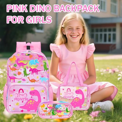 SHPMXUPW 3PCS Clear Pink School Backpack for Kids - Dinosaur Backpack for Girls 4-8, Heavy Duty Transparent Pink Bookbag with Lunch Bag and Pencil Case - See Through PVC Transparent Bookbag - color: Pink-Dinosaur