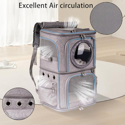 2-in-1 Pet Carrier Backpack for Two Cats or One Dog, Double-Layer 2 Compartment Carry Bag to Transport Small Animals Traveling and Hiking, Space Capsule Clear Bubble Dome - color: Grey