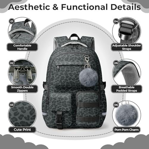 WOBAGMEN Cute Leopard Backpack for Teen Girls, Large Capacity Multi-Pocket School Bag Fits 15.6" Laptop, Lightweight Durable Daypack for School and Travel (Black Leopard, M) - color: Black Leopard
