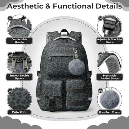 WOBAGMEN Cute Leopard Backpack for Teen Girls, Large Capacity Multi-Pocket School Bag Fits 15.6" Laptop, Lightweight Durable Daypack for School and Travel (Black Leopard, M) - color: Black Leopard