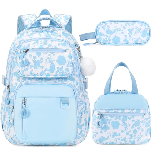 Bevalsa Backpack for Girls 3PCS Teen Girls Backpack for School with Lunch Bag Pencil Case Blue Cute Kids Laptop Backpacks Bookbag for Elementary Middle High School College Student (Floral) - color: Blue Flower
