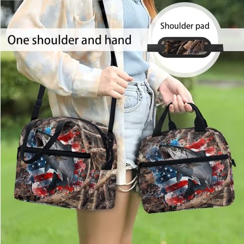 3PCS Kids School Backpack for Boys Girls, Branches American Flag Fish 3 in 1 Schoolbag Set Student Teens School Bag 17 Inch Bookbag with Lunch Bag Pencil Case - color: Branches American Flag Fish