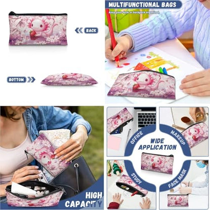 Cute Axolotl Backpack for Girls Kids School Bookbag Satchel with Insulated Lunch Box and Pencil Case Set 3 PCS Teen Middle School Backpacks - color: Axolotl Strawberry
