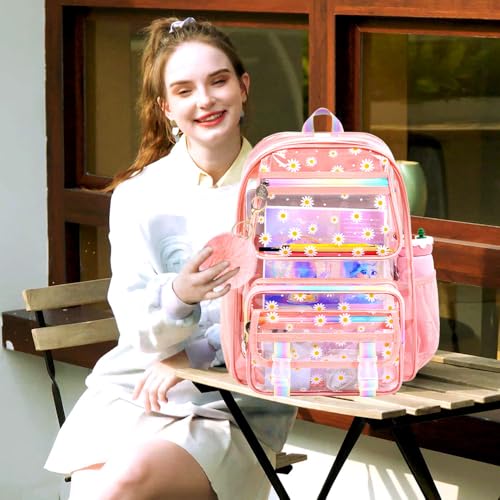 KLFVB Clear Backpack Heavy Duty, 3PCS Girls See Through School Bag Set, Cute Transparent Bookbag for Women - Chrysanthemum Pink - color: Chrysanthemum Pink Clear Backpack