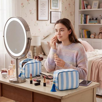 Kacctyen 6 Pack Baby Blue and White Striped Makeup Bag bulk with Tassel Travel Cosmetic Pouch Organizer Large Zipper Toiletry Case for Women Aesthetic Storage Pouch Mahjong Tile Bag - color: Baby Blue and White