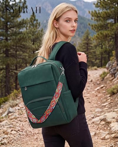 SYTRAH Leather Laptop Backpack for Women, 15.6 inch Computer Daypack Green | Faux Leather Laptop Backpack: Dedicated 15.6" Laptop Compartment, 9-Pocket Organizer, Breathable Mesh Strap, Work & Travel - color: Green
