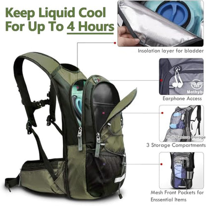 Mothybot Insulated Hydration Backpack Pack with 3L BPA Free Leak Proof Water Bladder, Large Storage Lightweight Hiking Daypack with Waist Pouches & Cooler Layer, for Running, Biking, Camping, Festival - color: Olive