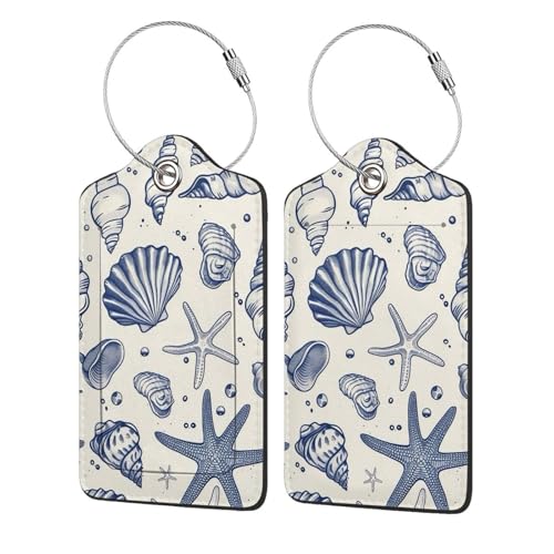 2 Pack Luggage Tags for Suitcases, PU Leather Bag Tag with Privacy Cover Address Card Travel Essentials-Blue Sea Starfish Shells - color: Blue Sea Starfish Shells