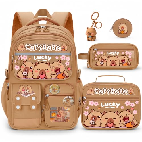 Capybara Backpack for Girls, 4 PCS Capybara Backpack with Lunch Box Set, Cute Kawaii Large Laptop Bookbag, School Bag for Elementary Kids & Teens - color: Capybara