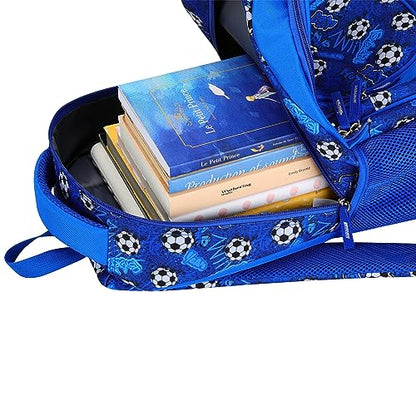 MYGOO Boys School Backpack Vineyard Soccer Blue Bookbag for Elementary Middle School Ages 5-12, 17 inch Large Capacity 24L Kids Student Travel Bags - color: Vineyard Soccer Blue