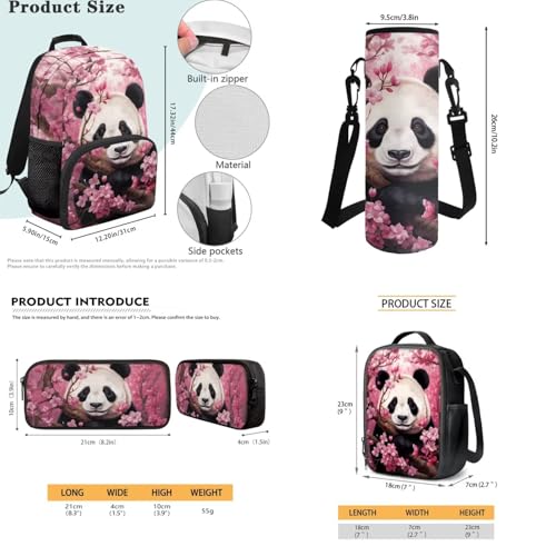 JEOCODY Girls School Bag for Kids Cute Cherry Blossom Panda Backpack and Lunch Box Set with Pencil Case and Water Bottle Holder Set of 4 School Daypack for Travel Hiking Back to School Accessories - color: Cherry Blossom Panda